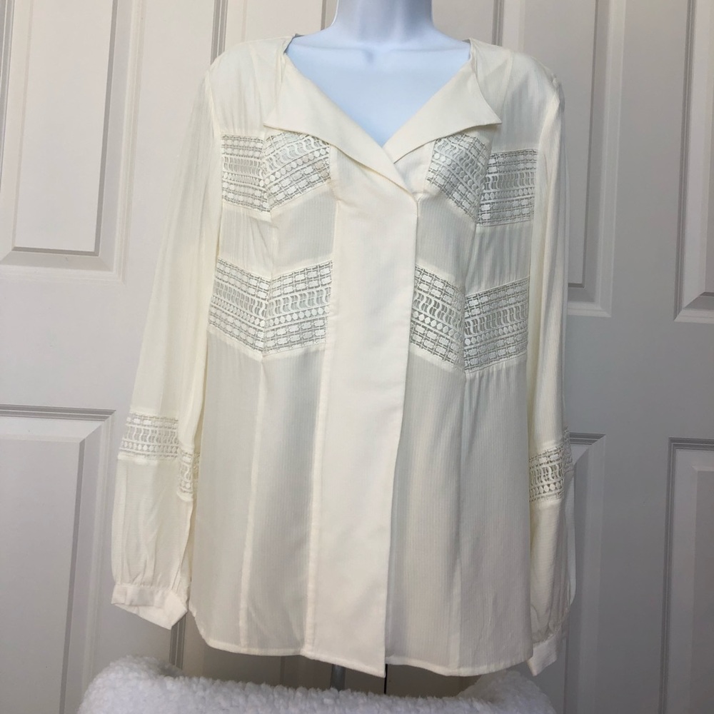 Chico's Cream Lace-Trim Long Sleeve Blouse